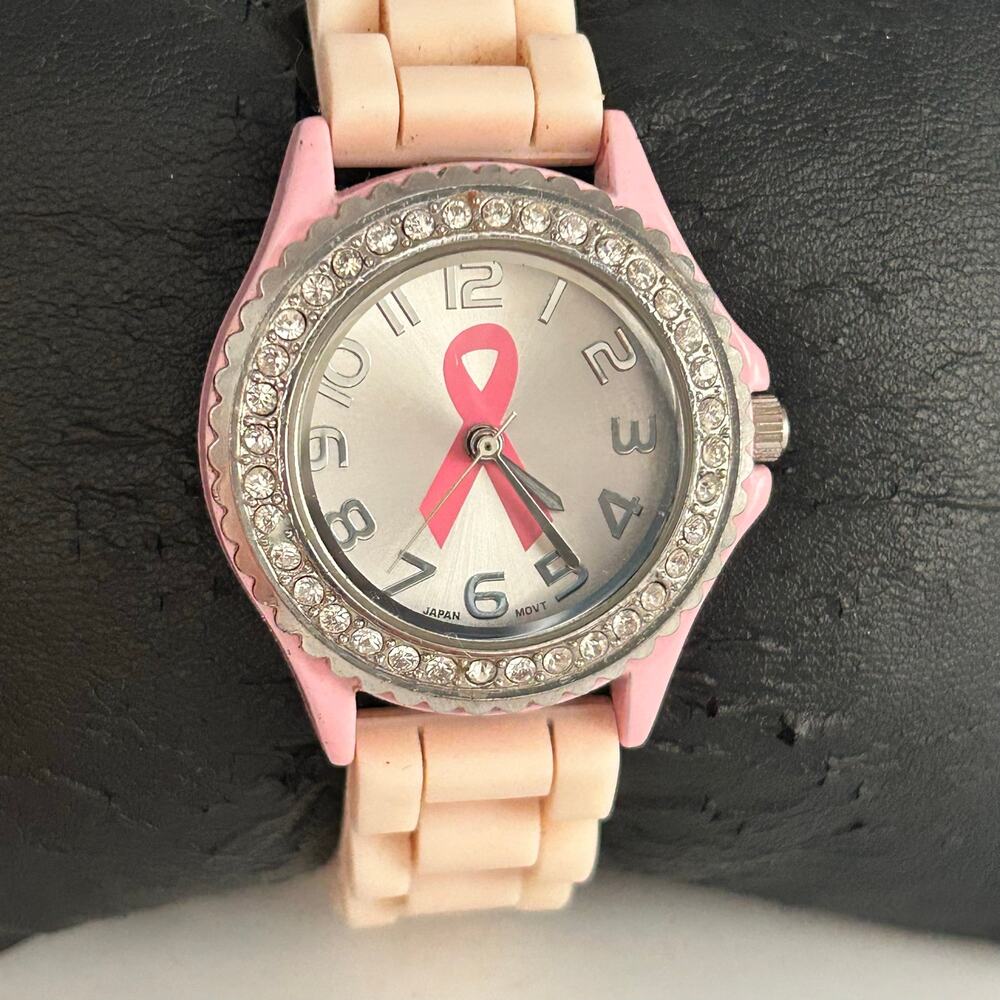 Pink Geneva Crystal Bezel Breast Awareness Analog Watch Working New Battery